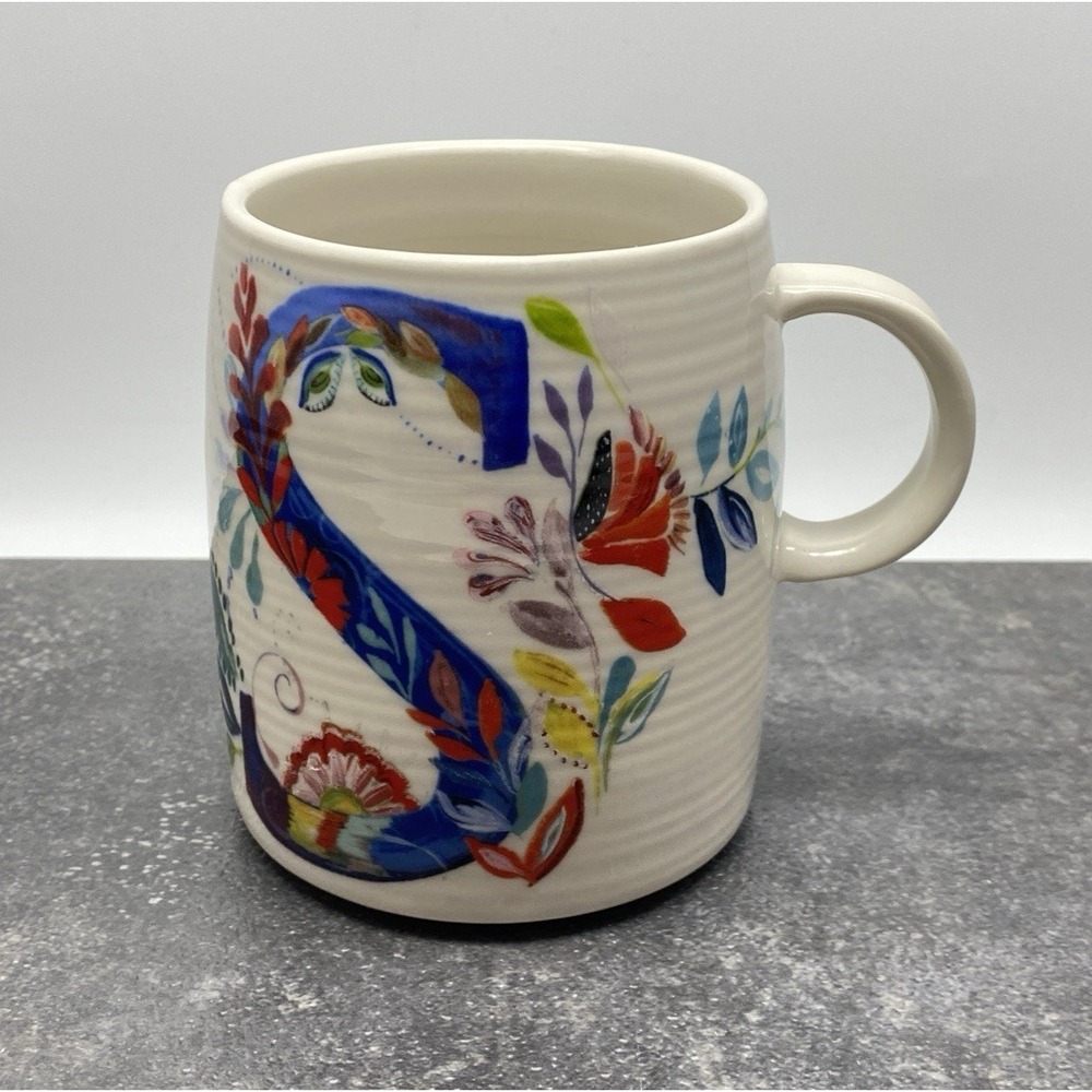 Anthropologie Starla M Halfmann Letter S Monogram 12 oz Coffee Mug Petal Palette
